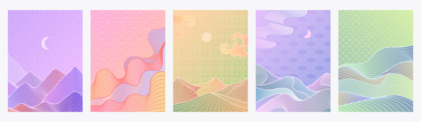 Poster - linear mountain landscape. line mountains and hills with traditional oriental pattern and pastel gra