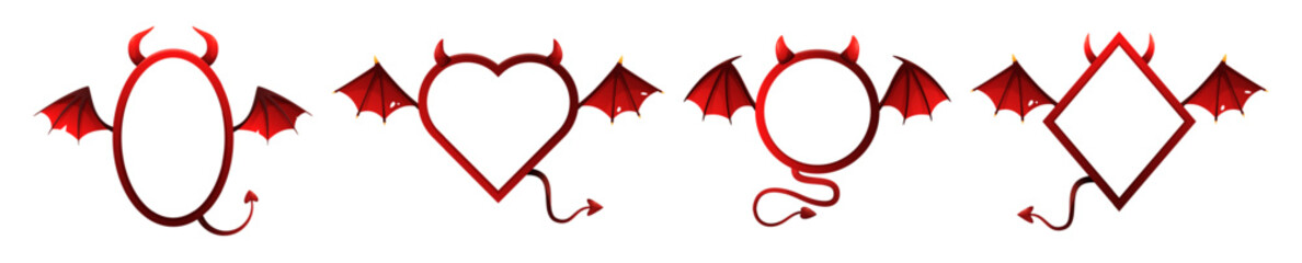 Poster - Halloween devil frames. Demon photo frame with red wings, tail and horns. Diamond, circle and oval, heart shape borders. Evil symbol for Halloween greeting card. Vector set.