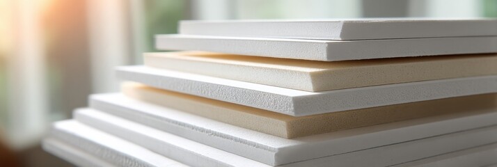Aufkleber - Stack of Waterproof Gypsum Boards Showcasing Angled Layers Illuminated by Soft Lighting in a Spacious Interior Setting