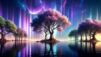 Wall Mural - Colorful trees reflected in a still body of water under a vibrant night sky