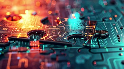 Leinwandbilder - Intricate puzzle piece merges with glowing circuit board in vibrant 4k stock visual showcasing technology and innovation