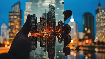 Poster - Hand holding smartphone displaying a city skyline with reflections at dusk showcasing vibrant lights and urban architecture in a modern cityscape