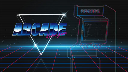 Aufkleber - Arcade retro game for game assets in vector illustrations.Retro Futurism Sci-Fi Background. glowing neon grid.and stars from vintage arcade comp	
