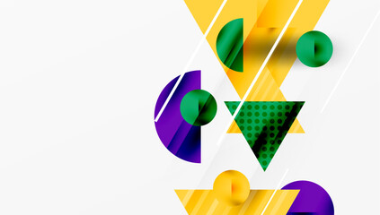 Poster - Abstract geometric shapes overlap, creating dynamic composition. Yellow, green, purple hues dominate design. Modern, minimalist aesthetic.