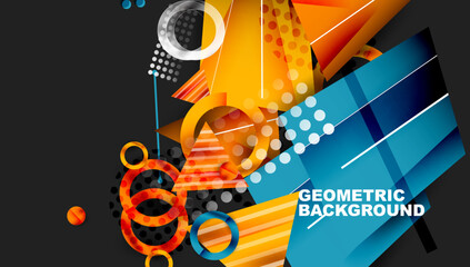 Fototapete - Bright geometric shapes overlap, creating dynamic composition. Orange, blue, gray dominate design. Modern abstract background.