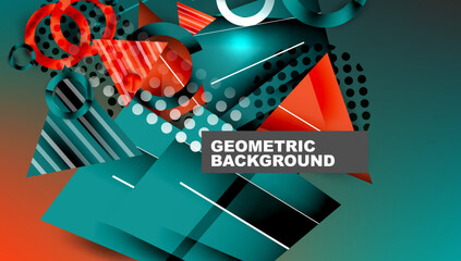 Poster - Abstract geometric composition. Teal, red, black shapes overlap creating dynamic visual effect. Modern design elements present.
