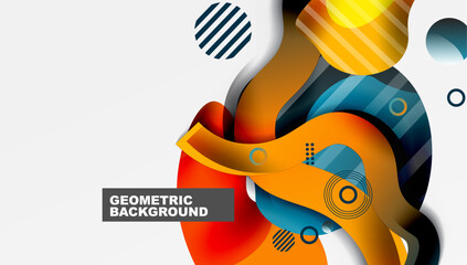 Leinwandbilder - Abstract geometric shapes overlap, creating dynamic colorful background. Modern design features flowing lines, circles, gradients.