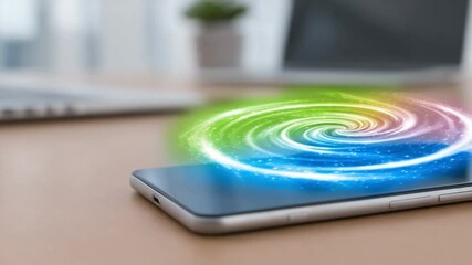 Poster - Innovation’s Gateway: A mobile phone is the central focus of a modern image, with a vibrant, spiraling vortex of energy emanating from its surface, symbolizing the interconnectedness of information.