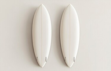 Fototapete - Top view of two white surfboards mockup, isolated on a light background with soft shadows and highlights for a creative design template. 3D rendering illustration, high-resolution photography, stock p
