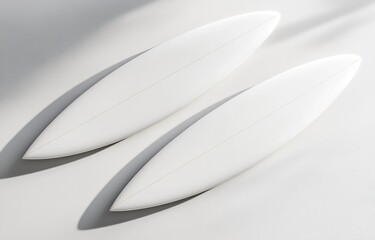 Fototapete - Top view of two white surfboards mockup, isolated on a light background with soft shadows and highlights for a creative design template. 3D rendering illustration, high-resolution photography, stock p
