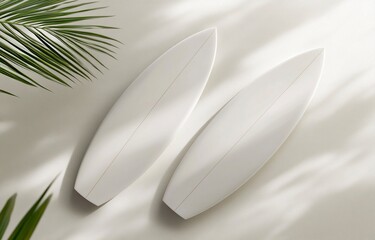 Fototapete - Top view of two white surfboards mockup, isolated on a light background with soft shadows and highlights for a creative design template. 3D rendering illustration, high-resolution photography, stock p