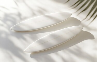 Fototapete - Top view of two white surfboards mockup, isolated on a light background with soft shadows and highlights for a creative design template. 3D rendering illustration, high-resolution photography, stock p