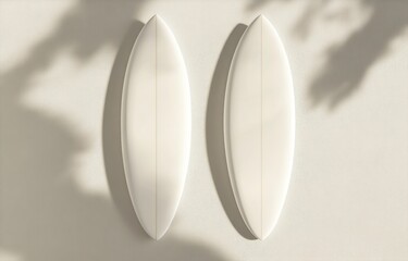Fototapete - Top view of two white surfboards mockup, isolated on a light background with soft shadows and highlights for a creative design template. 3D rendering illustration, high-resolution photography, stock p