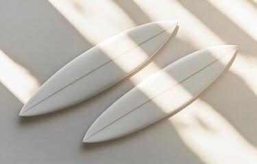 Fototapete - Top view of two white surfboards mockup, isolated on a light background with soft shadows and highlights for a creative design template. 3D rendering illustration, high-resolution photography, stock p