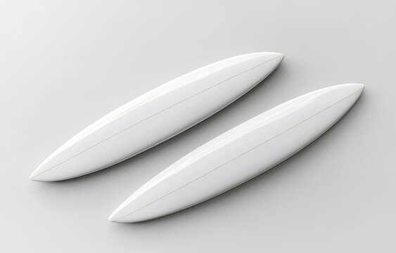 Top view of two white surfboards mockup, isolated on a light background with soft shadows and highlights for a creative design template. 3D rendering illustration, high-resolution photography, stock p