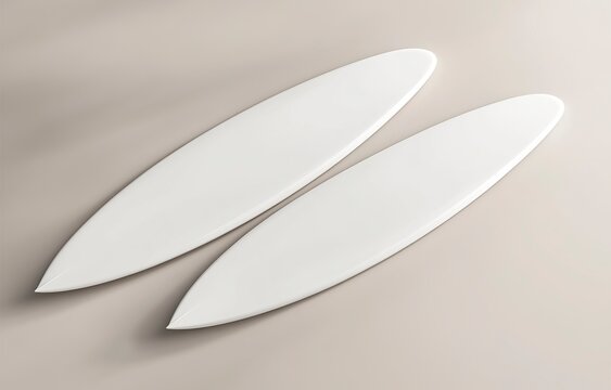 Top view of two white surfboards mockup, isolated on a light background with soft shadows and highlights for a creative design template. 3D rendering illustration, high-resolution photography, stock p