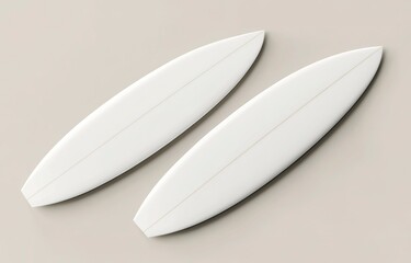 Fototapete - Top view of two white surfboards mockup, isolated on a light background with soft shadows and highlights for a creative design template. 3D rendering illustration, high-resolution photography, stock p