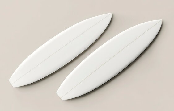 Top view of two white surfboards mockup, isolated on a light background with soft shadows and highlights for a creative design template. 3D rendering illustration, high-resolution photography, stock p