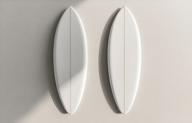 Fototapete - Top view of two white surfboards mockup, isolated on a light background with soft shadows and highlights for a creative design template. 3D rendering illustration, high-resolution photography, stock p