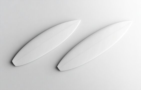 Top view of two white surfboards mockup, isolated on a light background with soft shadows and highlights for a creative design template. 3D rendering illustration, high-resolution photography, stock p