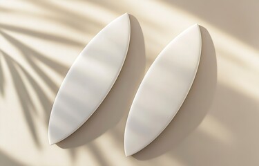 Fototapete - Top view of two white surfboards mockup, isolated on a light background with soft shadows and highlights for a creative design template. 3D rendering illustration, high-resolution photography, stock p