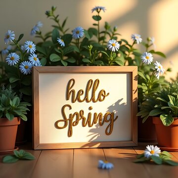 Greeting card with flowers and greenery with the inscription Hello Spring.