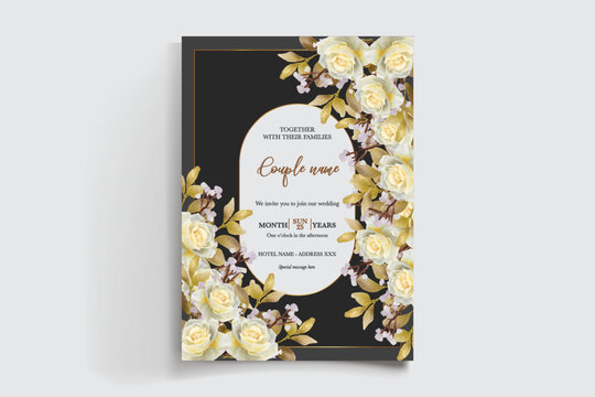 WEDDING INVITATION FRAME WITH FLOWER DECORATIONS AND FRESH LEAVES