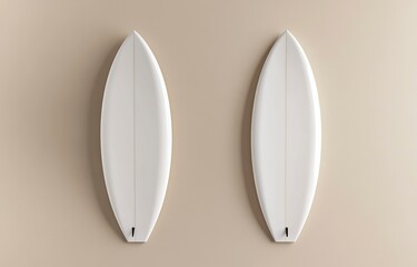 Fototapete - Top view of two white surfboards on a light background, a mockup template for a design presentation. Minimalist style. 3D rendering illustration. 