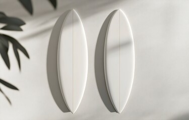 Fototapete - Top view of two white surfboards on a light background, a mockup template for a design presentation. Minimalist style. 3D rendering illustration. 