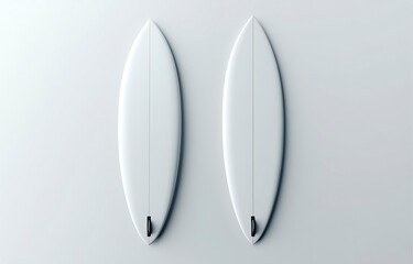 Fototapete - Top view of two white surfboards on a light background, a mockup template for a design presentation. Minimalist style. 3D rendering illustration. 