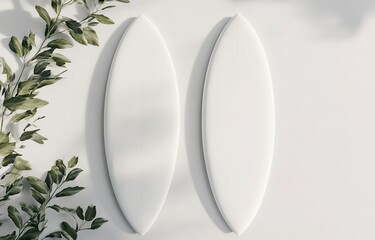 Fototapete - Top view of two white surfboards on a light background, a mockup template for a design presentation. Minimalist style. 3D rendering illustration. 