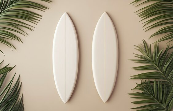 Top view of two white surfboards on a light background, a mockup template for a design presentation. Minimalist style. 3D rendering illustration. 