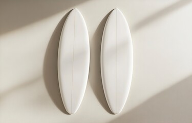 Fototapete - Top view of two white surfboards on a light background, a mockup template for a design presentation. Minimalist style. 3D rendering illustration. 