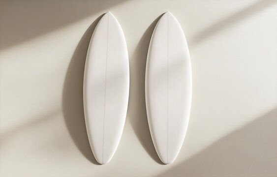 Top view of two white surfboards on a light background, a mockup template for a design presentation. Minimalist style. 3D rendering illustration. 