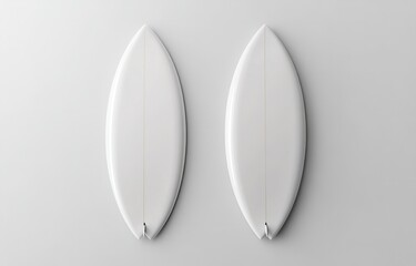 Fototapete - Top view of two white surfboards on a light background, a mockup template for a design presentation. Minimalist style. 3D rendering illustration. 