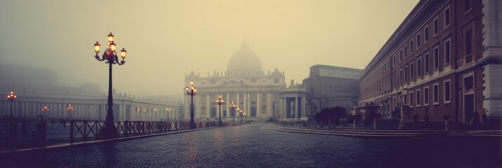 Aufkleber - Foggy Dawn Casts Soft Tones Over Vatican City, Revealing Architecture and Empty Streets