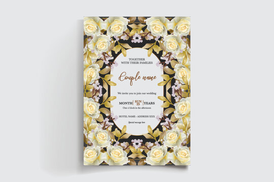 WEDDING INVITATION FRAME WITH FLOWER DECORATIONS AND FRESH LEAVES