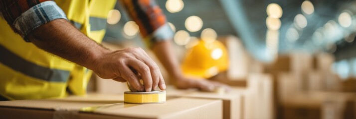 Leinwandbilder - Worker Labels Building Adhesive Boxes in a Warehouse Setting With Soft Lighting and a Safety Helmet in the Background