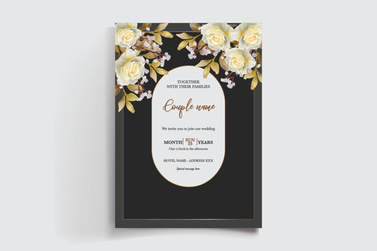 WEDDING INVITATION FRAME WITH FLOWER DECORATIONS AND FRESH LEAVES
