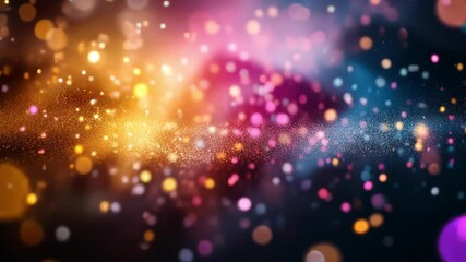 Abstract sparkling golden dust particles and bokeh lights with colorful background. Glitter and celebration concept.