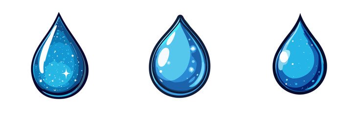 Poster - Colorful vector design of three cartoon water droplets with shimmering effects, perfect for digital art and graphic projects