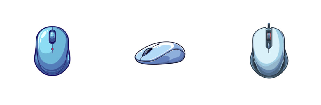 Three variations of a blue computer mouse in a simple vector style