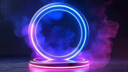 Poster - vibrant neon portal glowing blue and pink design surrounded by colorful smoke, creating futuristic a