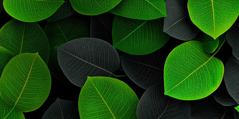 Black background featuring green plant leaves texture