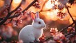 © Mariquita vector - White rabbit surrounded by cherry blossoms at sunset creating a serene and enchanting atmosphere in a blossoming garden