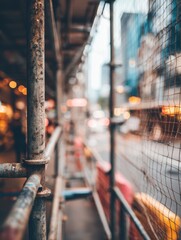 Poster - Urban Street Covered in Scaffolding and Netting With Blurred Background of Buildings and City Activities During the Day