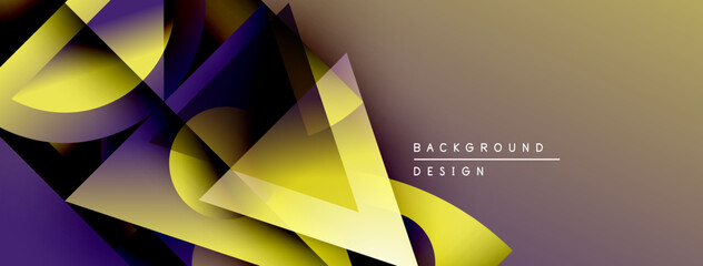 Fototapete - Abstract geometric shapes overlap, creating dynamic composition. Yellow, purple hues dominate neutral gradient background. Modern design element.