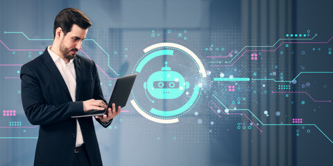 Fototapete - Businessman using laptop with chatbot interface and futuristic AI technology design on digital background in office environment.