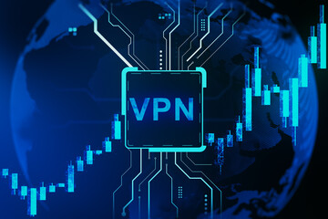 Fototapete - VPN digital security interface with glowing circuit lines and candlestick chart on abstract globe background for data protection concept. 3D Rendering