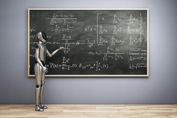 Leinwandbilder - Futuristic robot solving complex mathematical formulas on chalkboard in modern classroom with wooden floor and grey wall background. 3D Rendering